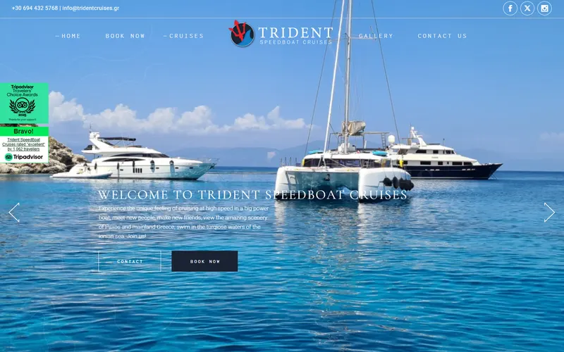 Trident Speedboat Cruises homepage with boats anchored in turquoise water