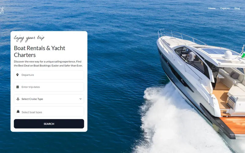 Voyarent homepage: boat rental and yacht charter search form over a speedboat photo